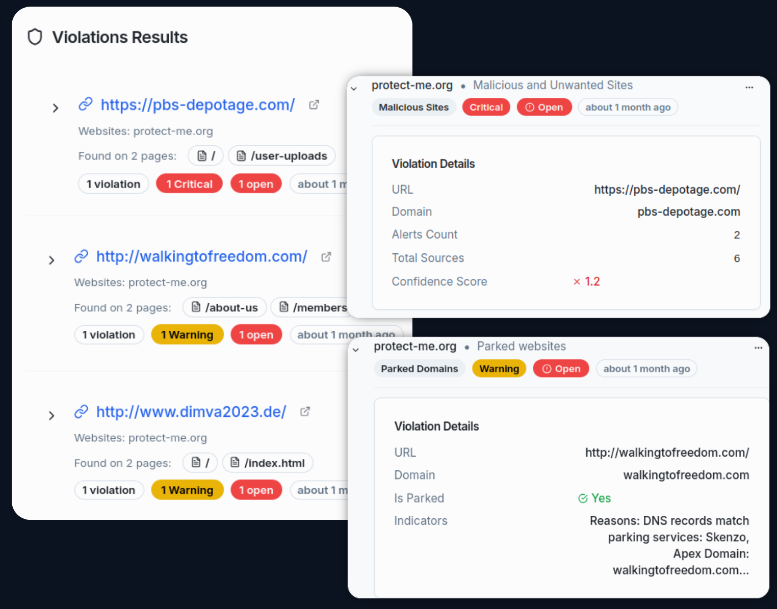 LinkSentry violations dashboard LinkSentry violations dashboard showing flagged URLs with categorized warnings and per-violation details