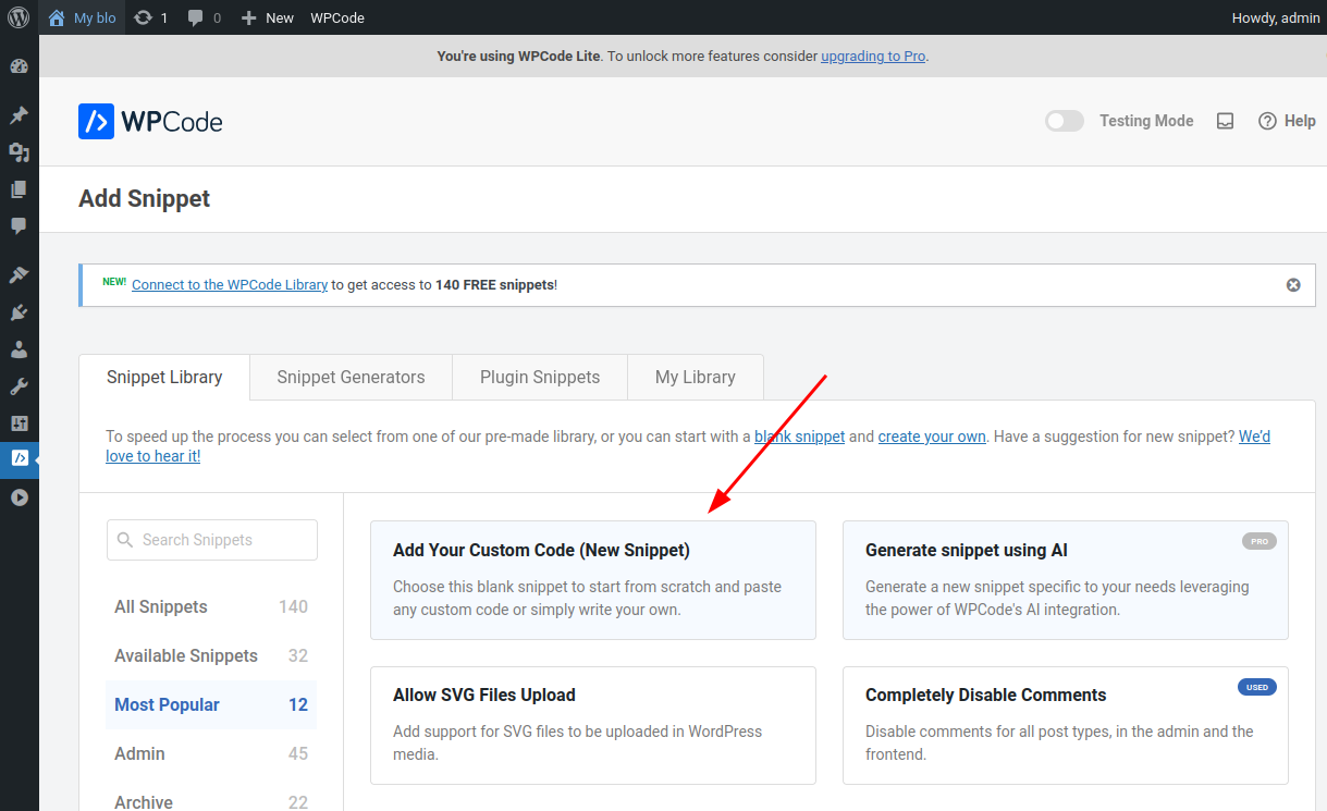 WPCode snippet type selection with Add Custom Snippet highlighted