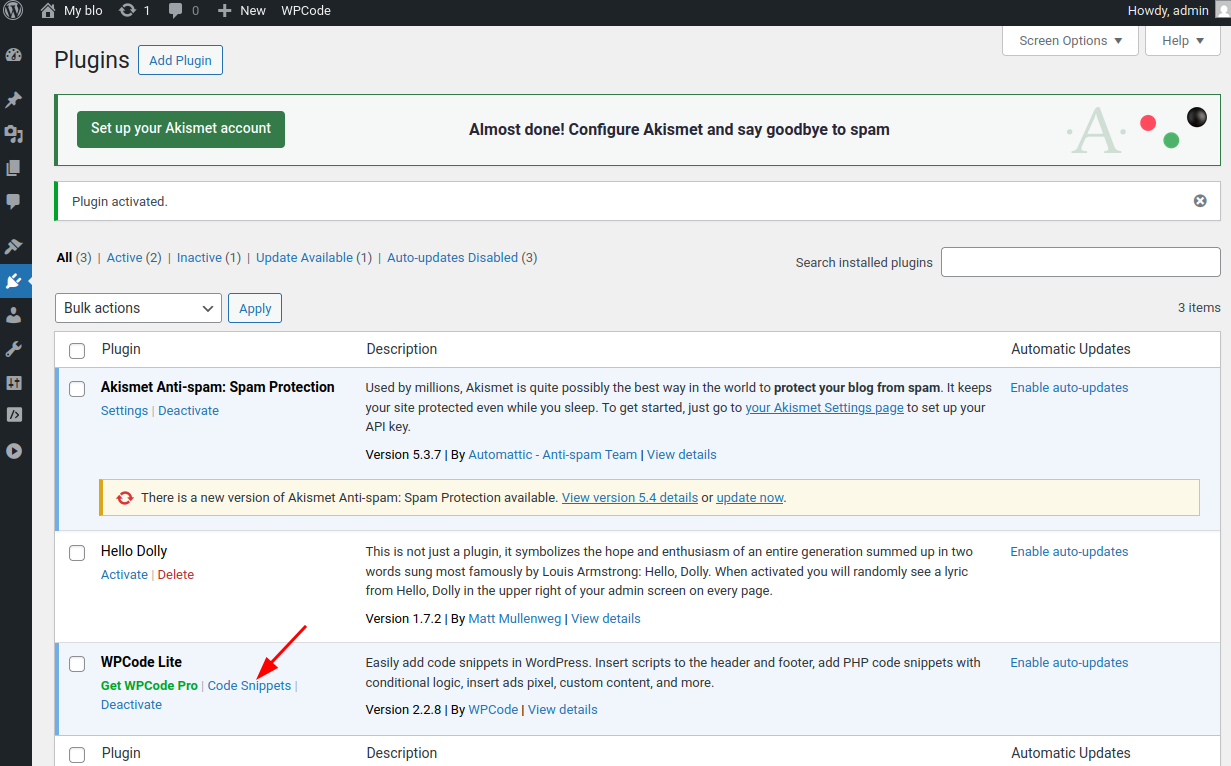 WPCode Lite plugin in the plugins list