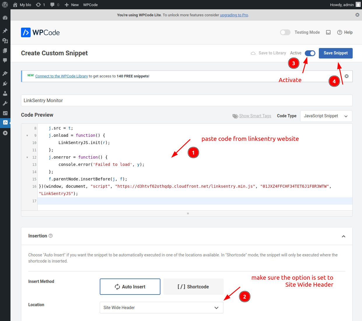 WPCode snippet editor with LinkSentry code pasted