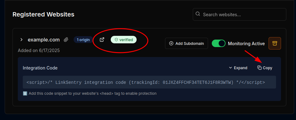 LinkSentry JavaScript code with Copy button