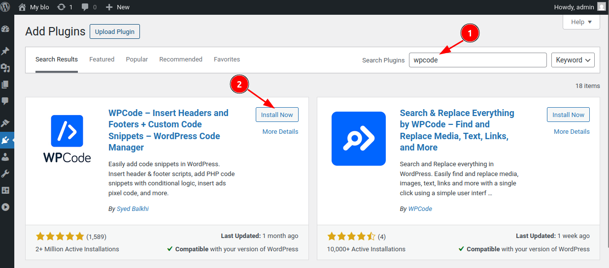 WPCode plugin search results with Install Now button